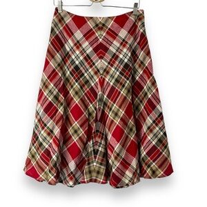 Jones New York Skirt Linen Plaid Tartan Midi Full Circle Red Tan White Size 6